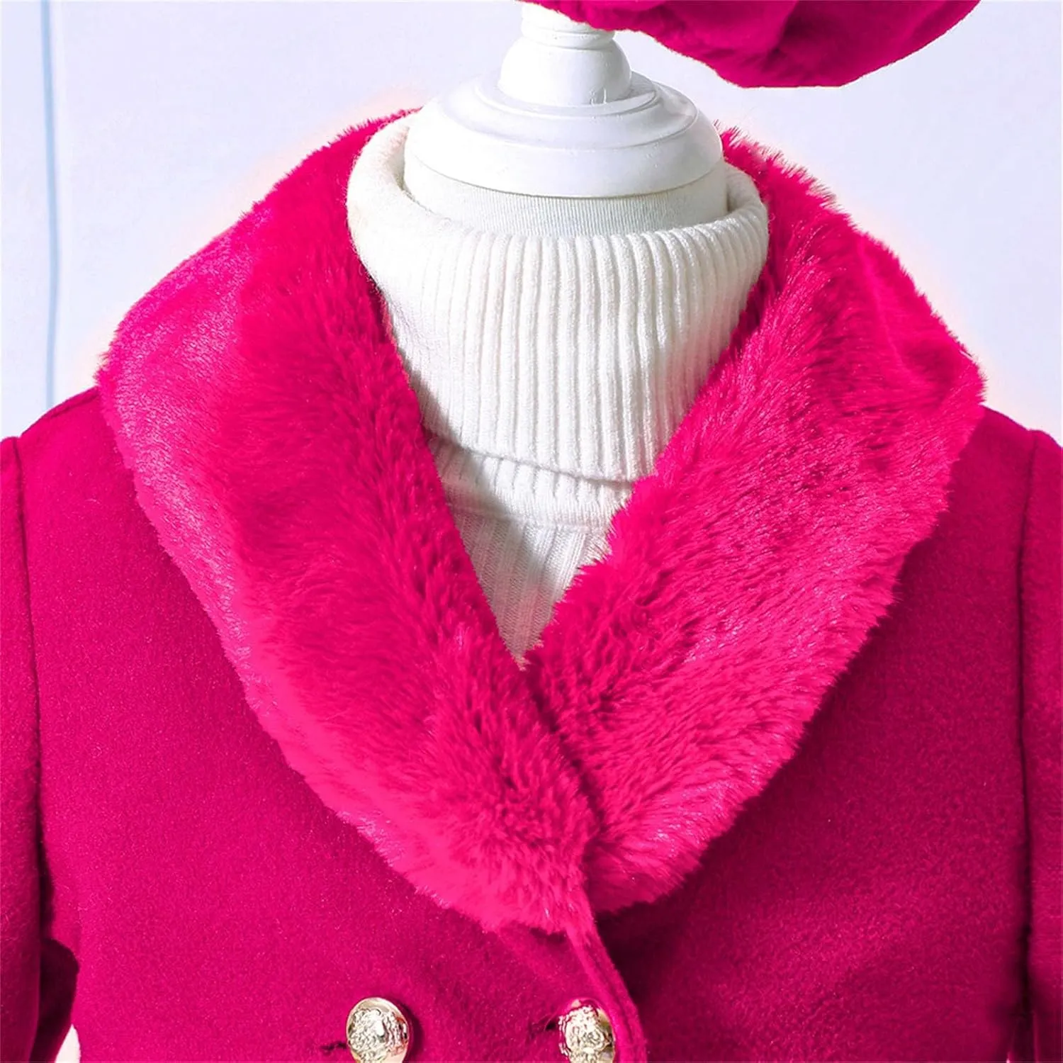 Girls Christmas Woolen Jacket & Beret Solid Fleece Lined Long Sleeve Long Coat Outerwear & Hat Sets Fall WInter