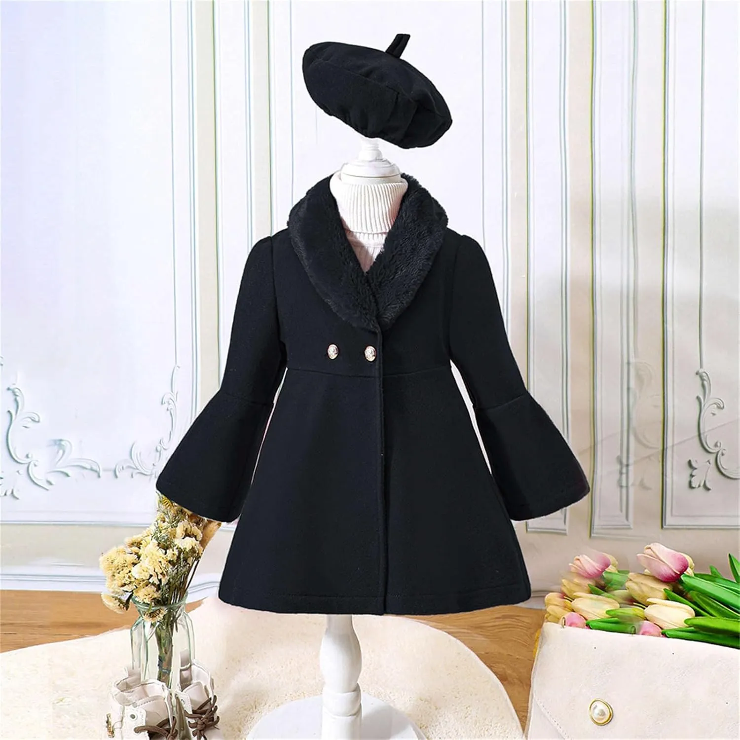 Girls Christmas Woolen Jacket & Beret Solid Fleece Lined Long Sleeve Long Coat Outerwear & Hat Sets Fall WInter