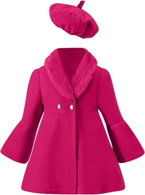 Girls Christmas Woolen Jacket & Beret Solid Fleece Lined Long Sleeve Long Coat Outerwear & Hat Sets Fall WInter
