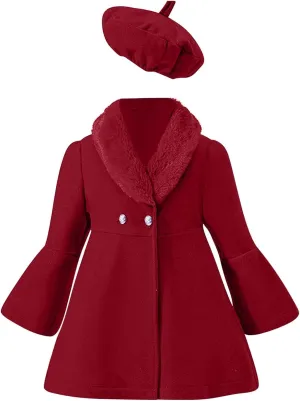 Girls Christmas Woolen Jacket & Beret Solid Fleece Lined Long Sleeve Long Coat Outerwear & Hat Sets Fall WInter