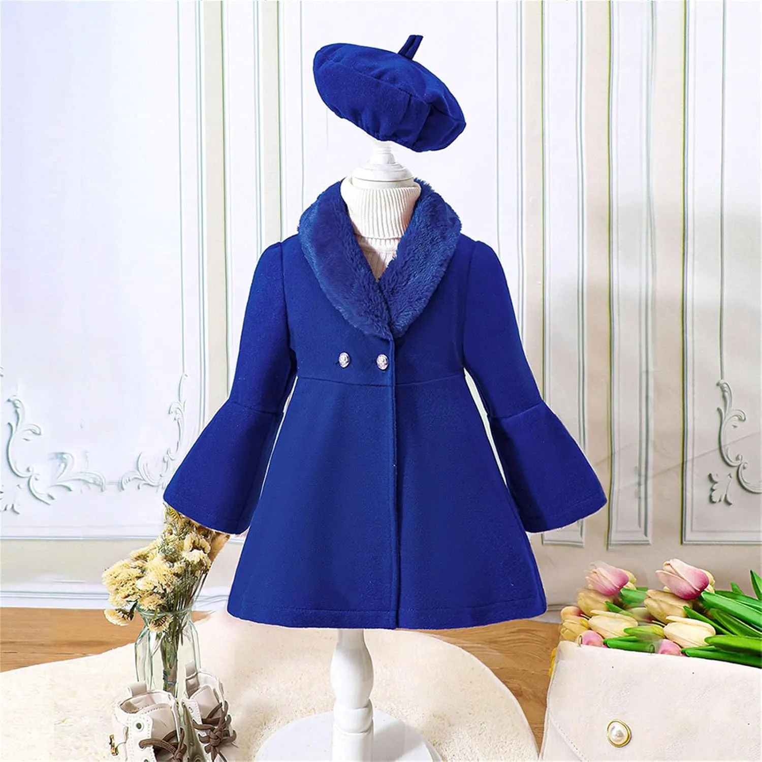 Girls Christmas Woolen Jacket & Beret Solid Fleece Lined Long Sleeve Long Coat Outerwear & Hat Sets Fall WInter