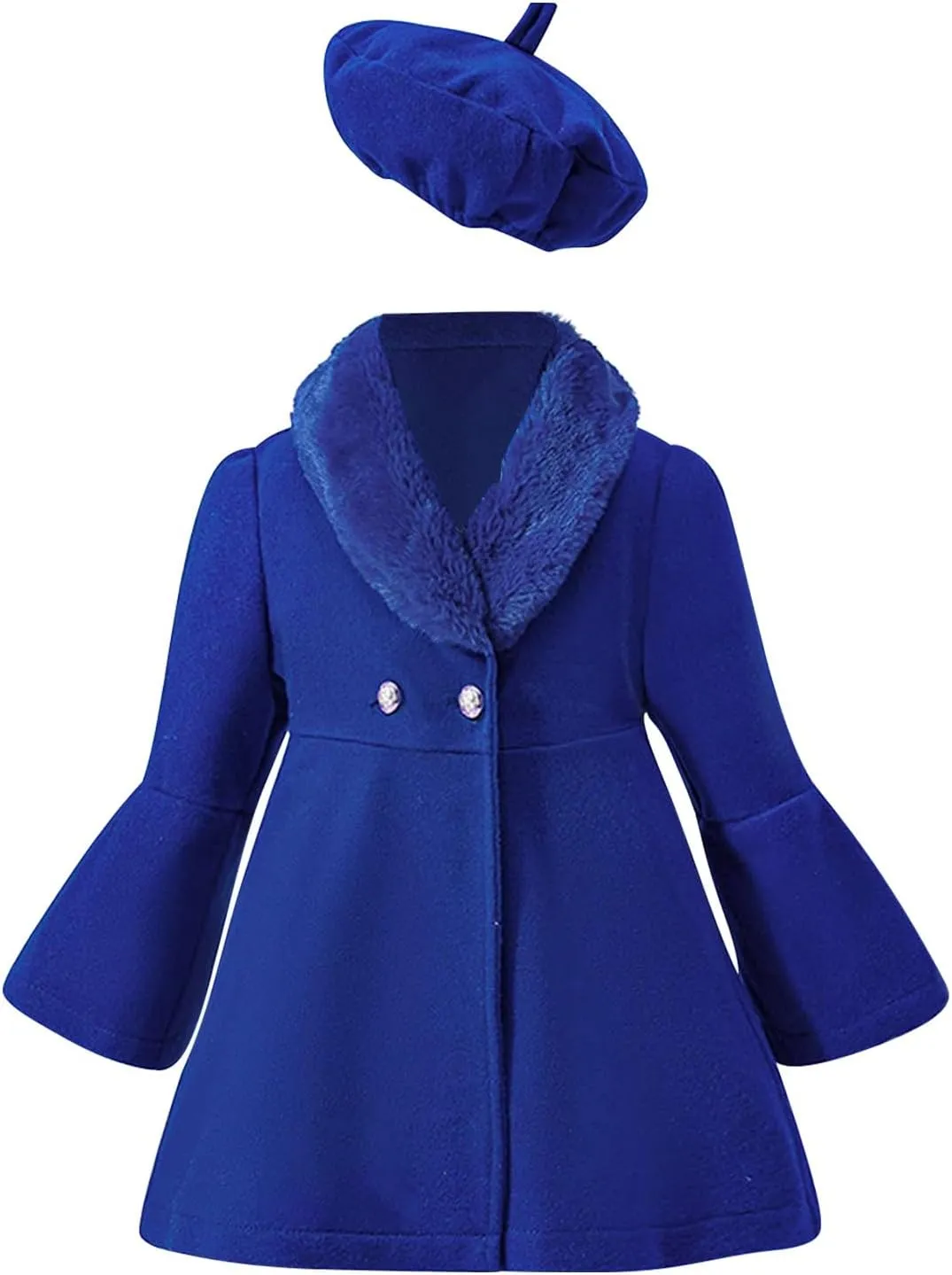Girls Christmas Woolen Jacket & Beret Solid Fleece Lined Long Sleeve Long Coat Outerwear & Hat Sets Fall WInter