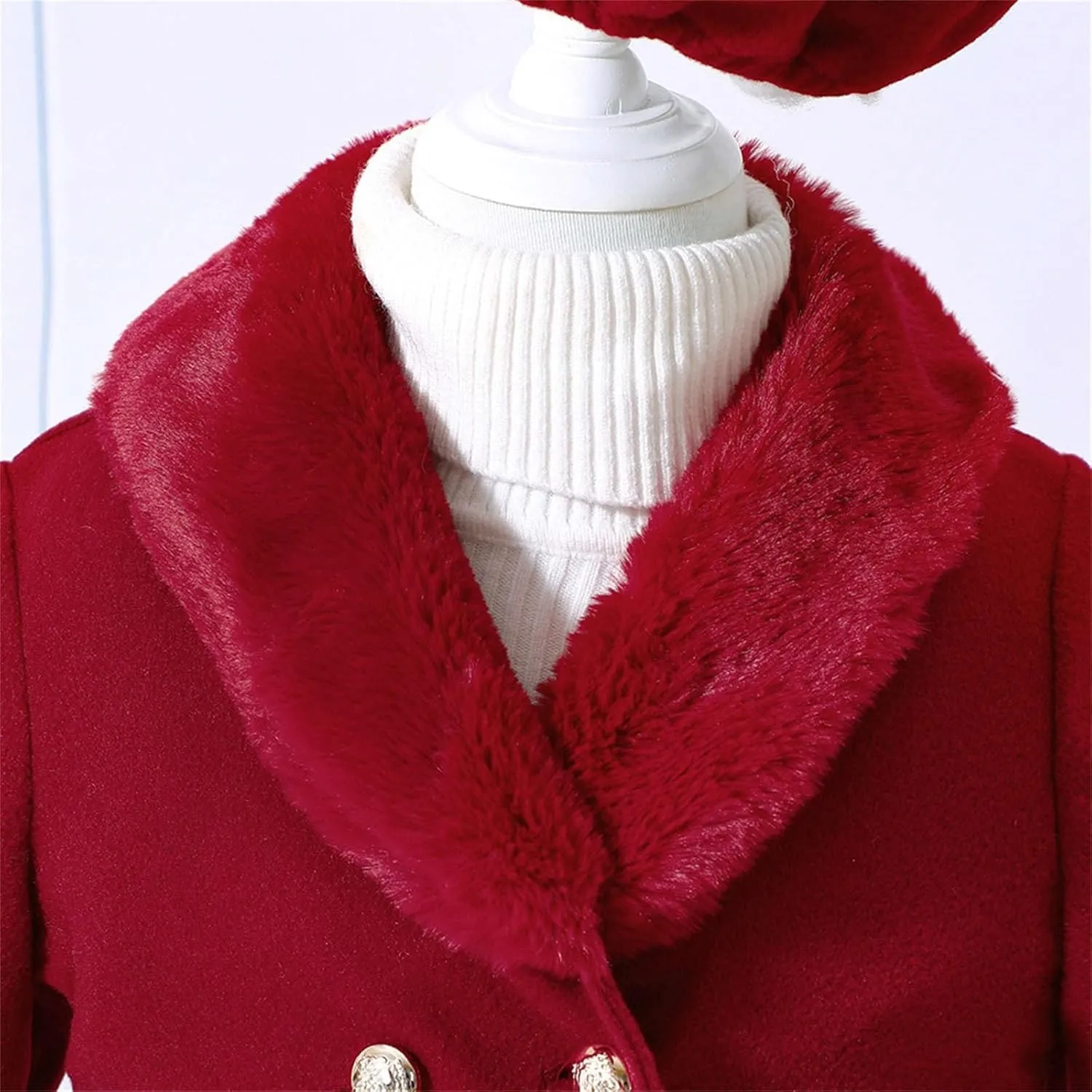 Girls Christmas Woolen Jacket & Beret Solid Fleece Lined Long Sleeve Long Coat Outerwear & Hat Sets Fall WInter