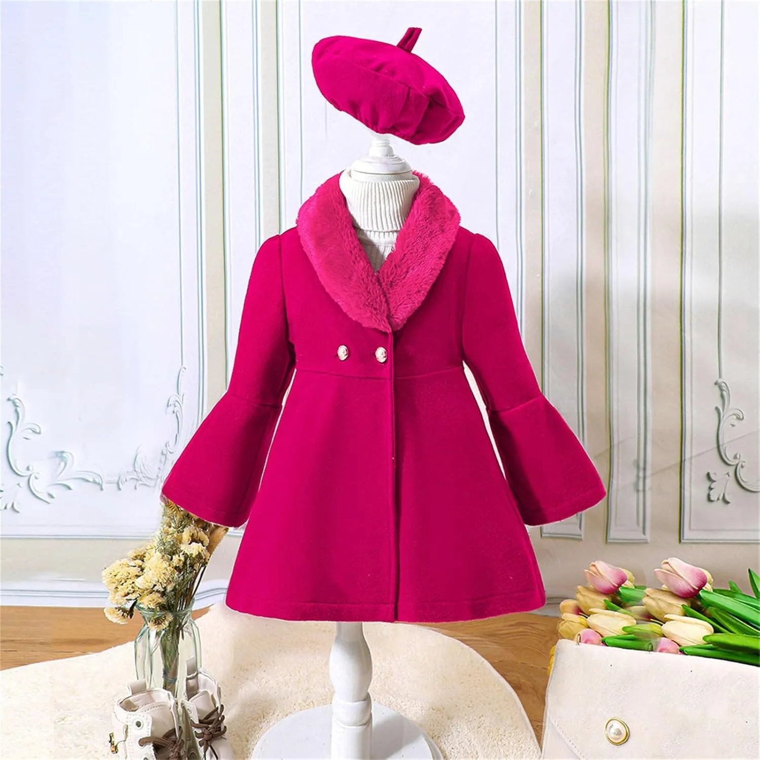 Girls Christmas Woolen Jacket & Beret Solid Fleece Lined Long Sleeve Long Coat Outerwear & Hat Sets Fall WInter