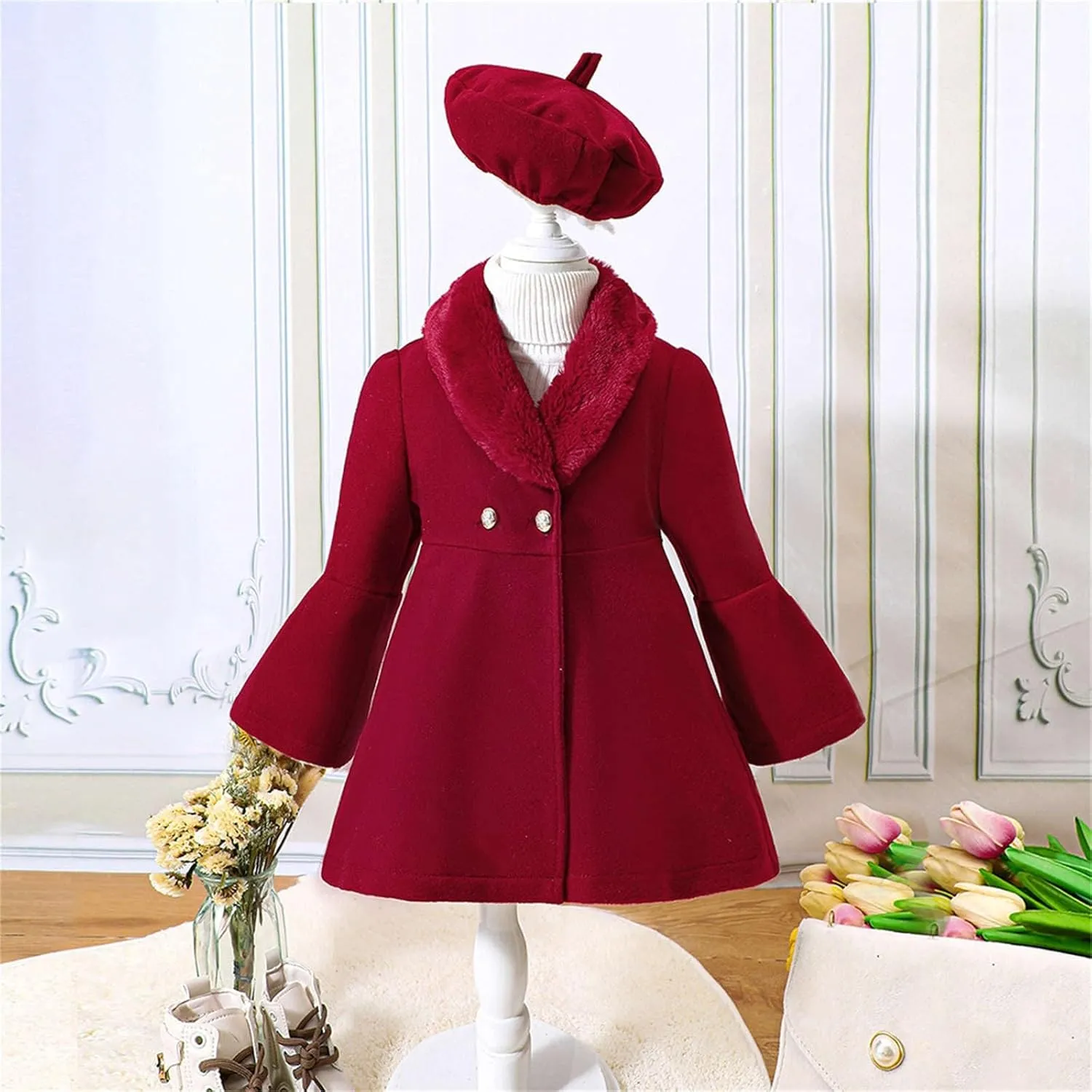 Girls Christmas Woolen Jacket & Beret Solid Fleece Lined Long Sleeve Long Coat Outerwear & Hat Sets Fall WInter