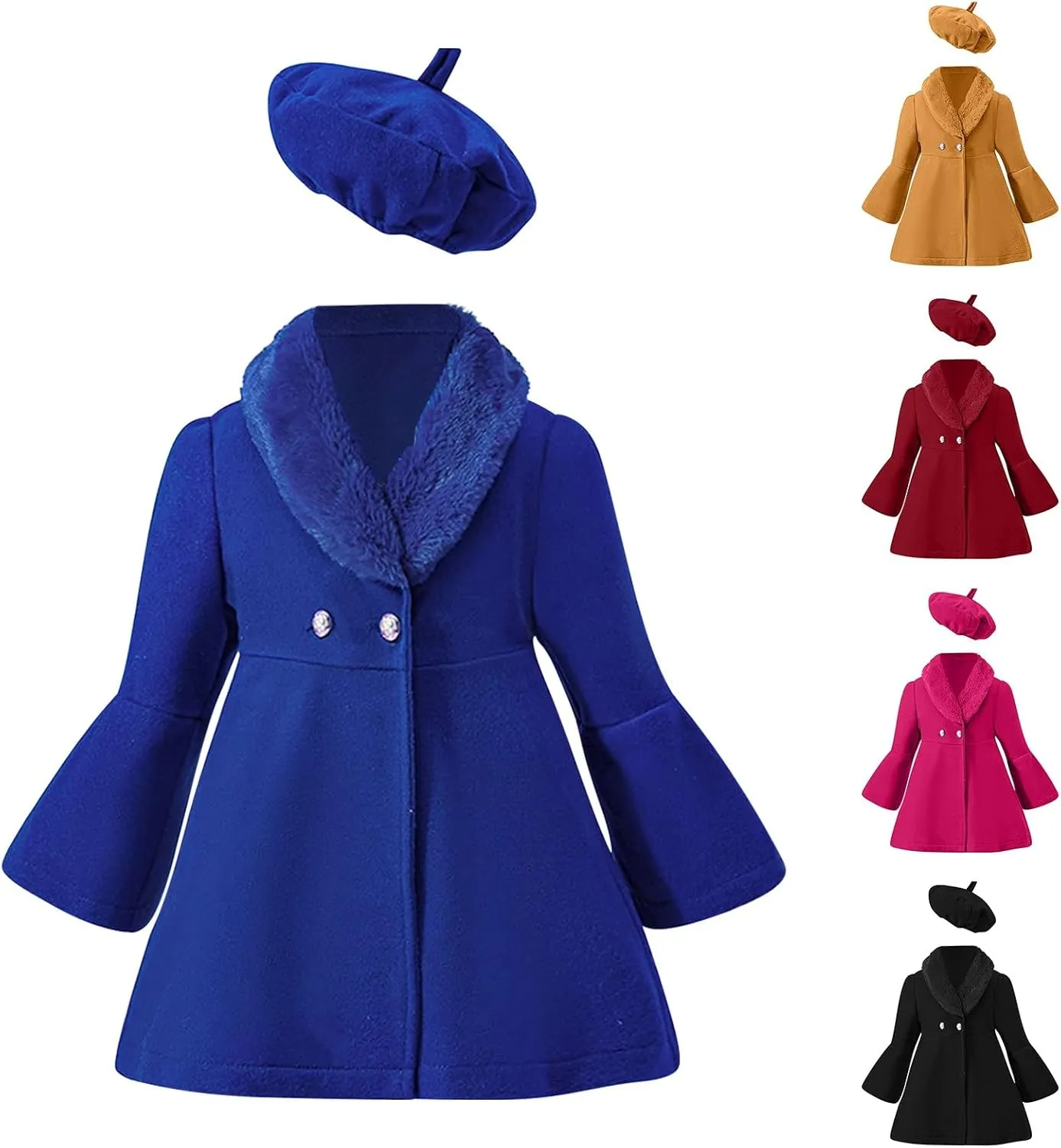 Girls Christmas Woolen Jacket & Beret Solid Fleece Lined Long Sleeve Long Coat Outerwear & Hat Sets Fall WInter