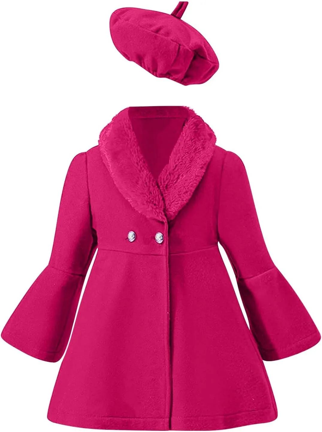 Girls Christmas Woolen Jacket & Beret Solid Fleece Lined Long Sleeve Long Coat Outerwear & Hat Sets Fall WInter