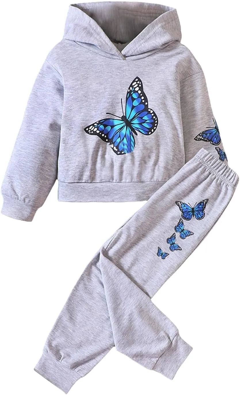 Girls Tracksuit Athletic Sweatsuits Butterfly Print Hoodies Cropped Sweatshirts and Jogger Sweatpants Clothing Sets