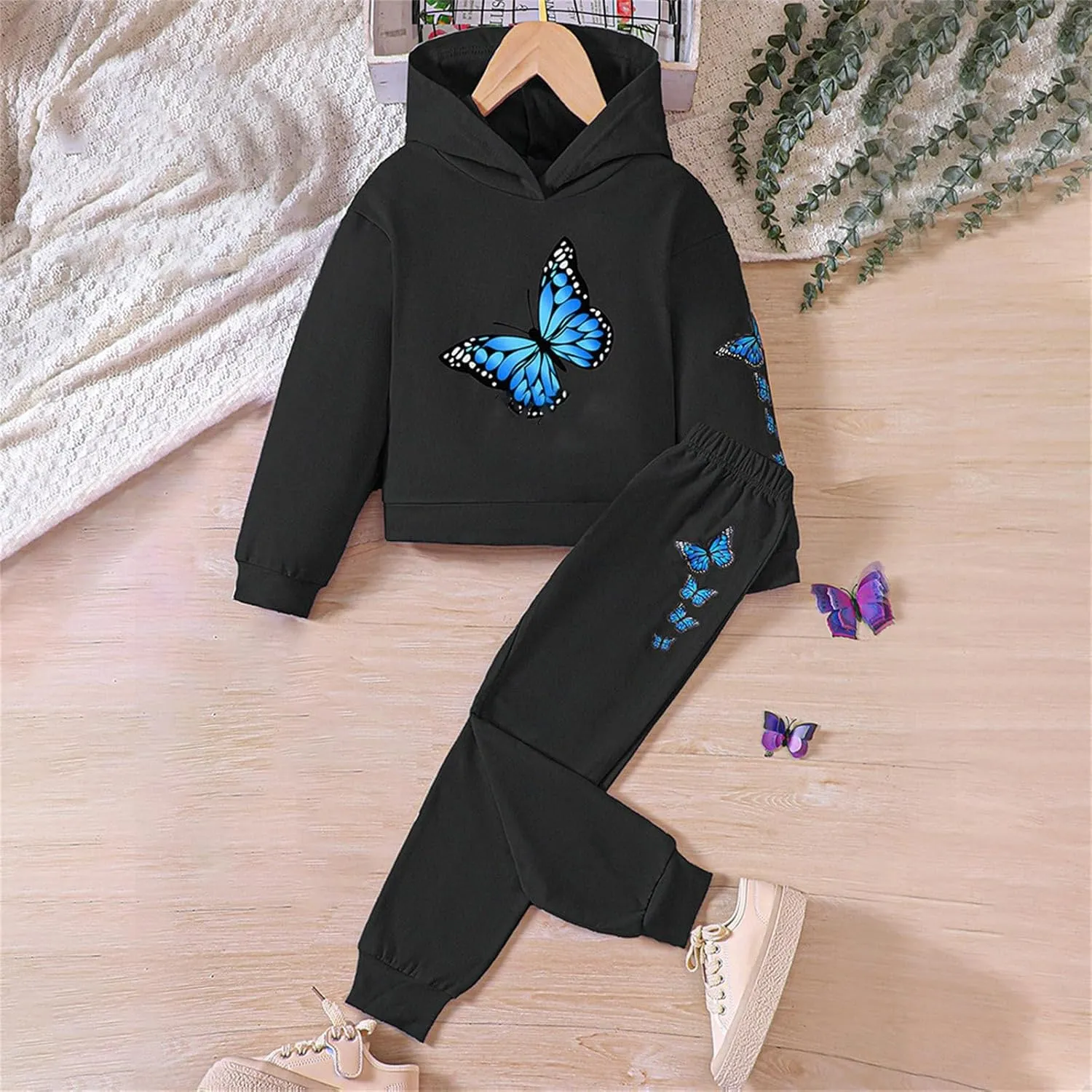 Girls Tracksuit Athletic Sweatsuits Butterfly Print Hoodies Cropped Sweatshirts and Jogger Sweatpants Clothing Sets
