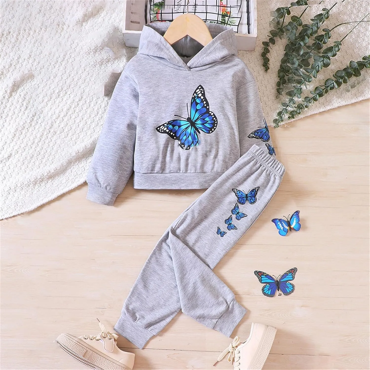 Girls Tracksuit Athletic Sweatsuits Butterfly Print Hoodies Cropped Sweatshirts and Jogger Sweatpants Clothing Sets