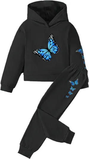 Girls Tracksuit Athletic Sweatsuits Butterfly Print Hoodies Cropped Sweatshirts and Jogger Sweatpants Clothing Sets