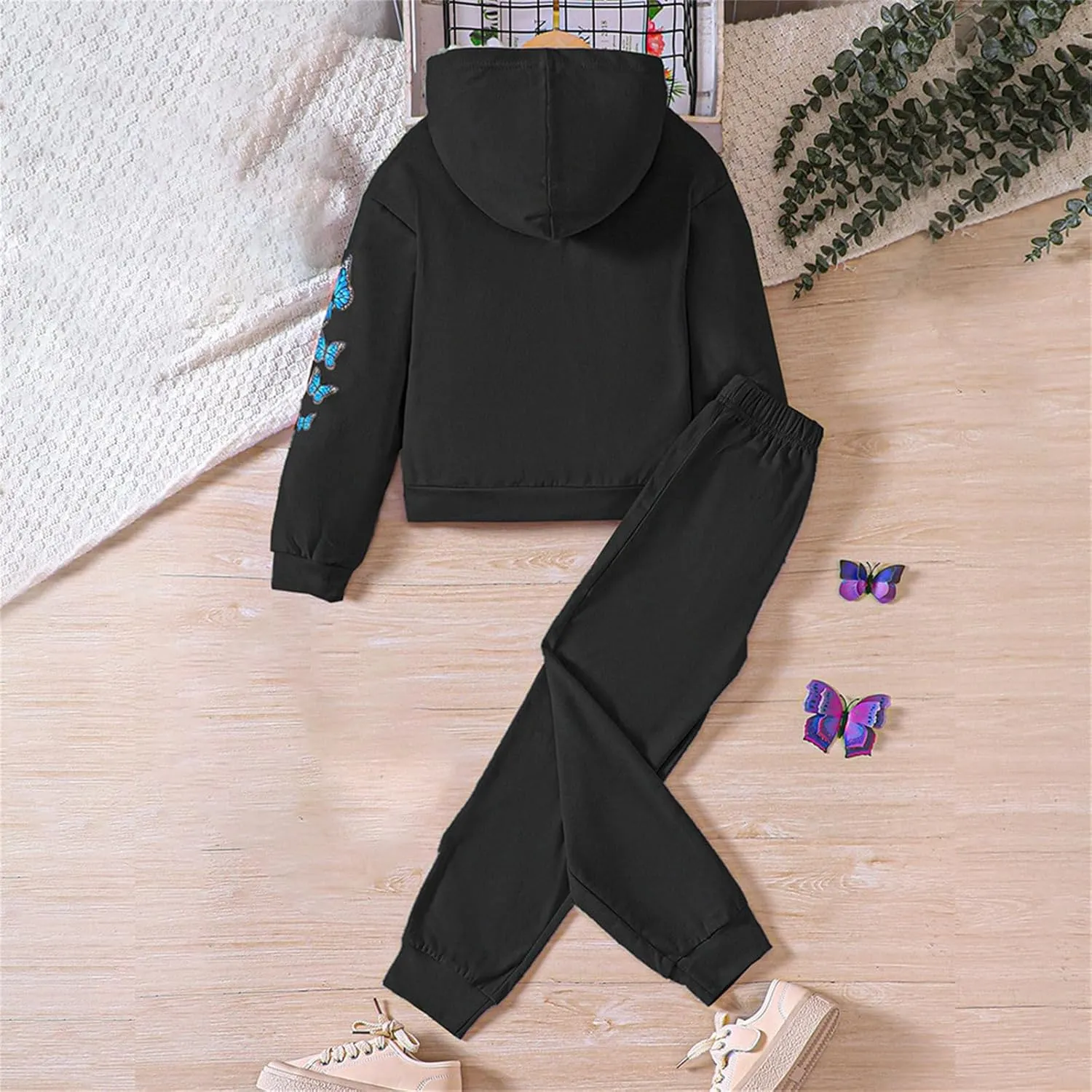 Girls Tracksuit Athletic Sweatsuits Butterfly Print Hoodies Cropped Sweatshirts and Jogger Sweatpants Clothing Sets