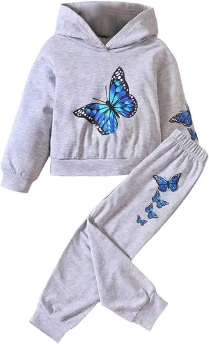 Girls Tracksuit Athletic Sweatsuits Butterfly Print Hoodies Cropped Sweatshirts and Jogger Sweatpants Clothing Sets