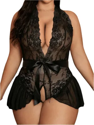 GORGLITTER Women's Plus Size Lace Teddy Lingerie Sexy Ruffle Bow Babydoll Bodysuit