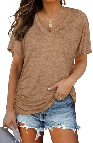 Janepam Women Summer Tops Short Sleeve Plain Solid Side Pleated Loose V-Neck Tee T-Shirt Blouse