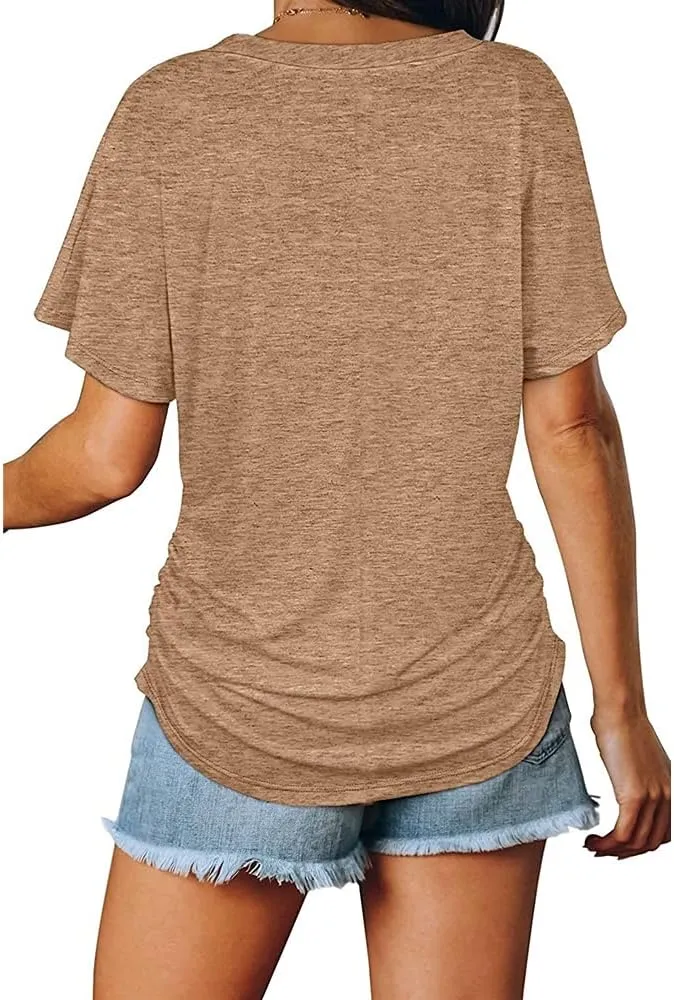 Janepam Women Summer Tops Short Sleeve Plain Solid Side Pleated Loose V-Neck Tee T-Shirt Blouse