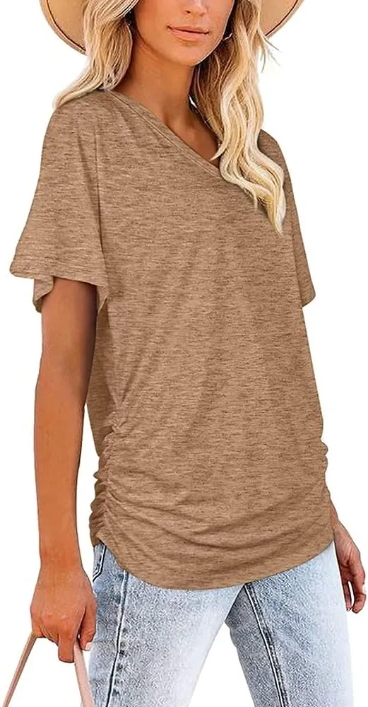 Janepam Women Summer Tops Short Sleeve Plain Solid Side Pleated Loose V-Neck Tee T-Shirt Blouse