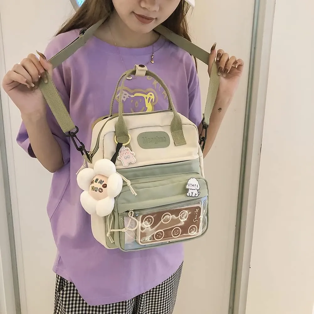 JQWSVE Kawaii Backpack Messenger Crossbody Canvas Tote Bag for Women with Kawaii Accessories