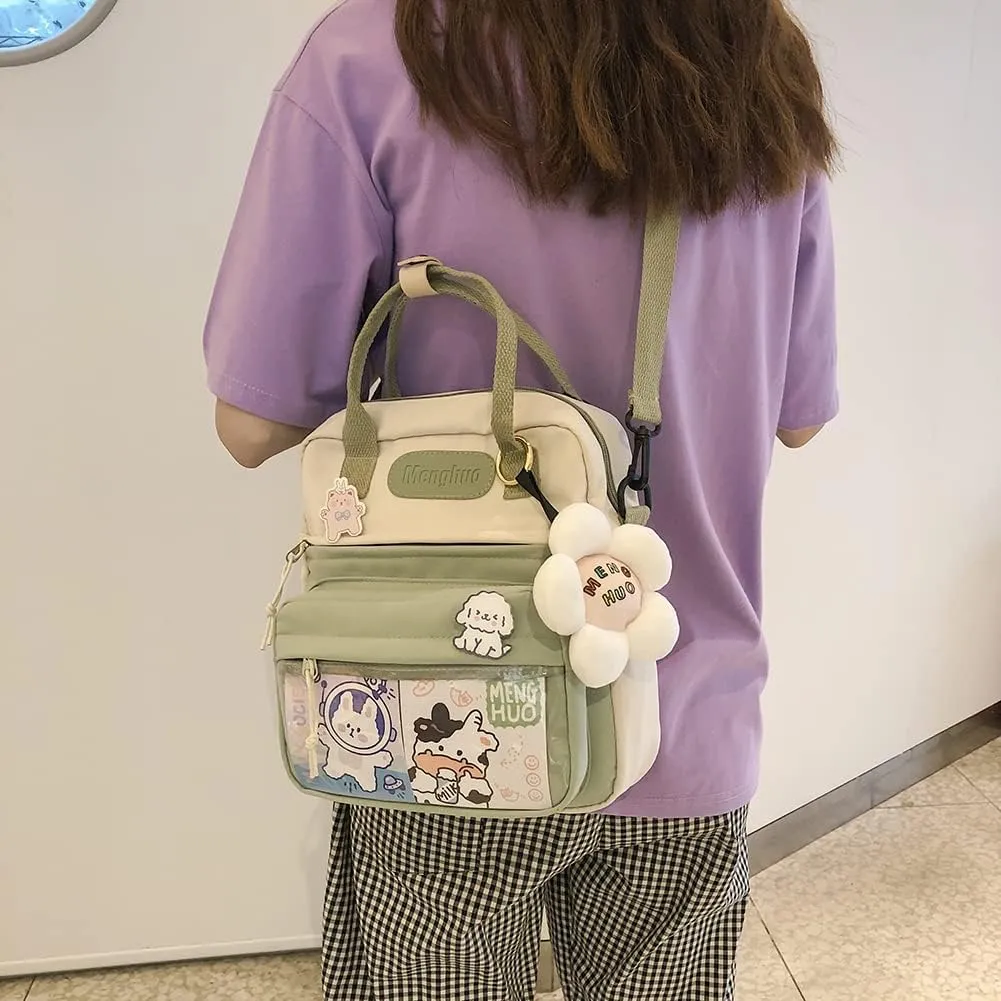 JQWSVE Kawaii Backpack Messenger Crossbody Canvas Tote Bag for Women with Kawaii Accessories