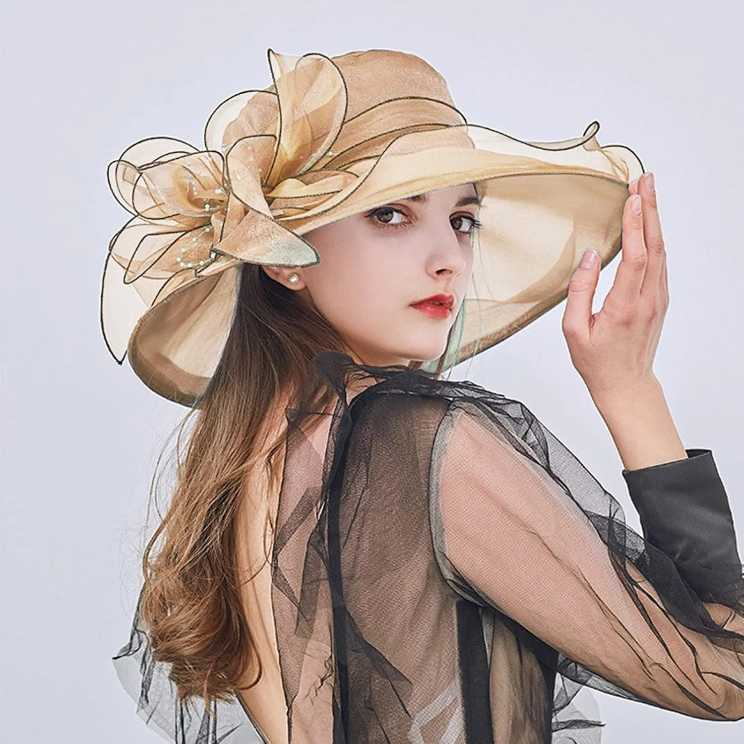 Kentucky 2025 Derby Hats for Women Ladies Organza Fascinator Tea Party Bridal Church Hat Casual Wide Brim Beach Sun Hat