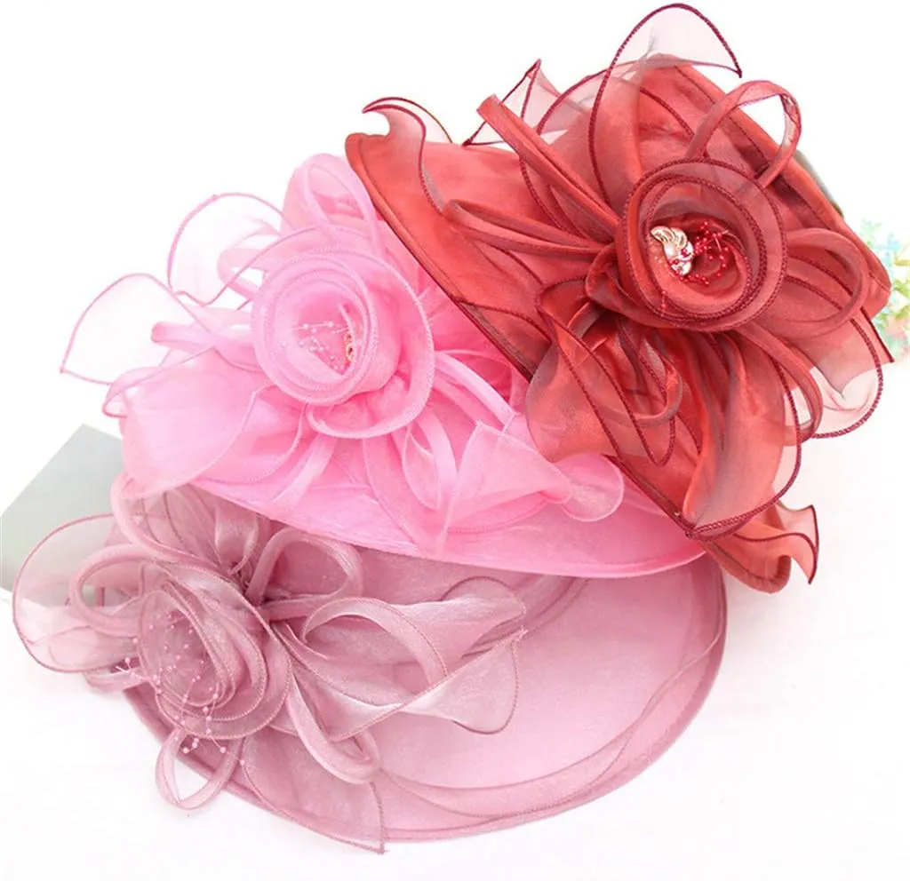 Kentucky Hat Derby Hats for Women Organza Church Fascinator Wedding Tea Party Bridal Hat Trendy Flower Wide Brim Sun Hats