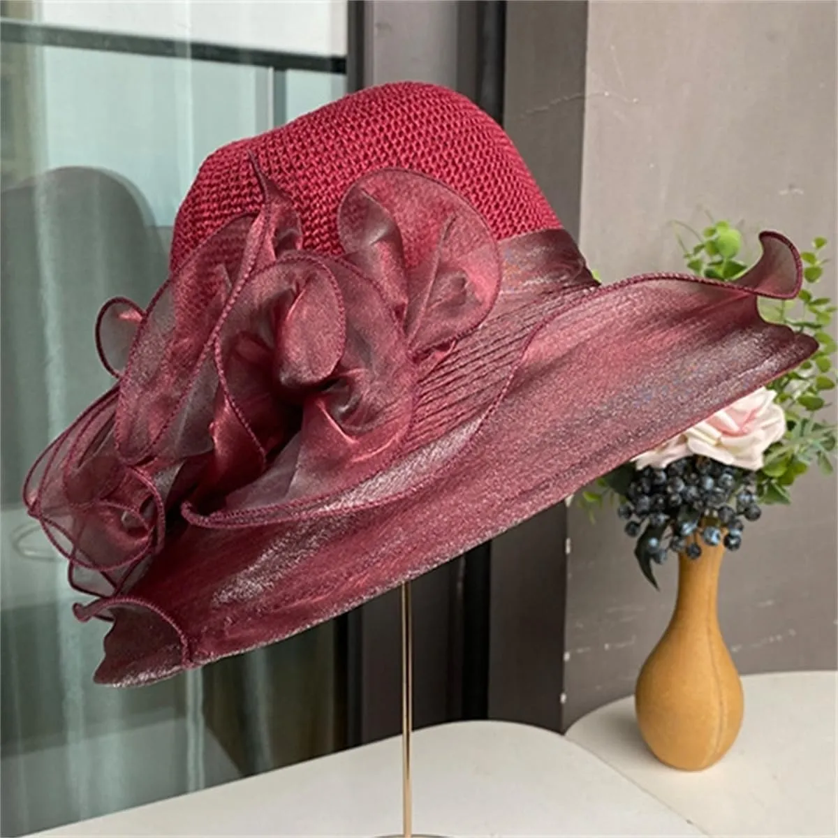 Kentucky Organza Hat for Women Church Hats Wide Brim Beach Fascinator Summer Tea Party Dress Hat