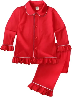 Kids Tales Girls Boys Button-Down Pajamas Set Toddler Christmas Sleepwear Red Long Sleeve Shirt Tops   Pants Nightwear PJS