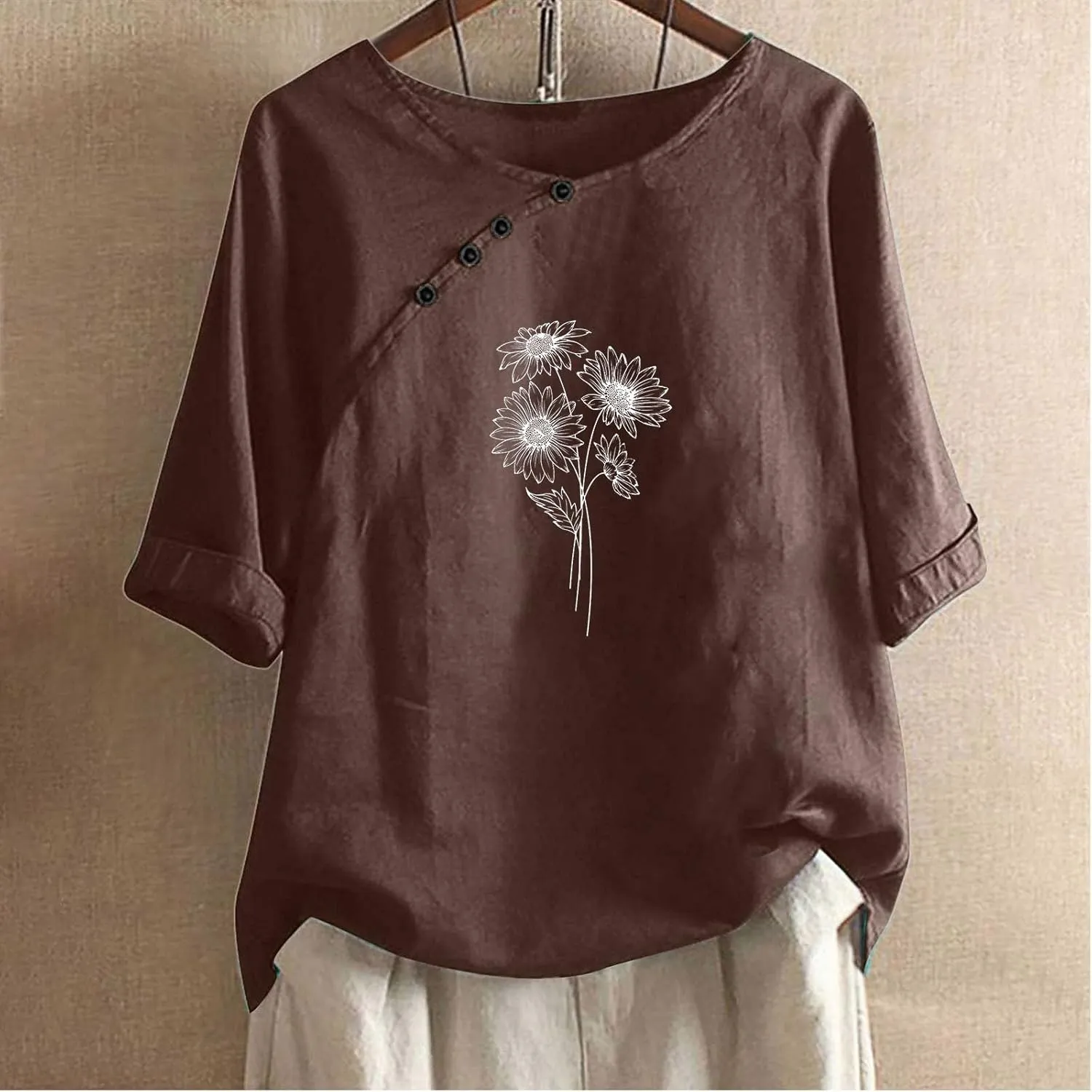 Linen Tops For Women Crewneck Button Down Floral Blouse Tops Dressy Casual Summer Oversized Tshirts 2024