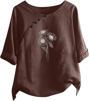 Linen Tops For Women Crewneck Button Down Floral Blouse Tops Dressy Casual Summer Oversized Tshirts 2024