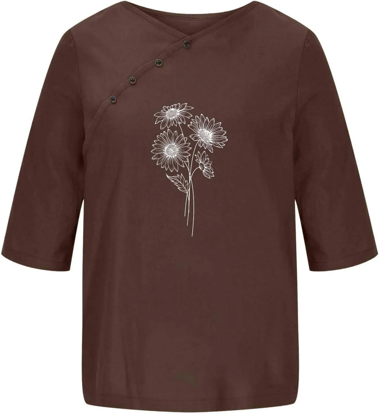 Linen Tops For Women Crewneck Button Down Floral Blouse Tops Dressy Casual Summer Oversized Tshirts 2024