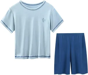 Little Boys Short Sleeve Pajamas Summer Sleepwear Set 2Pcs Shirts Top Shorts Casual Soft Comy js (Blue, 8-9 Years)