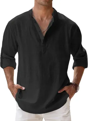 Maiyifu-GJ Men's Linen Stand Collar Long Sleeve Shirt Cotton Hippie Beach Breathable T Shirt Casual Lightweight Loose Shirt