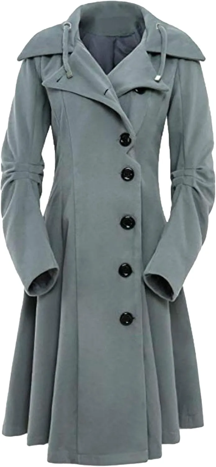 Maiyifu-GJ Womens Single Breasted Hooded Trench Coat Long Sleeve Wool Blend Dress Coats Fall Winter Mid Long Overcoat