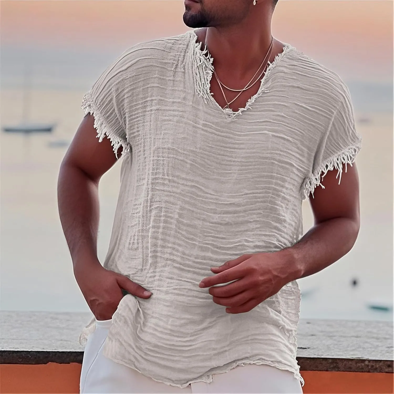 Men's Casual Linen T Shirts V Neck Short Sleeve Washed Shirts Frayed Raw Edges Tops Summer Beach Vacation Yoga Tops