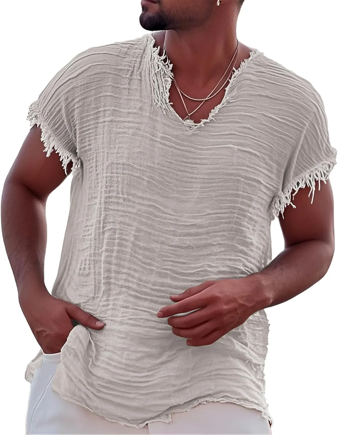 Men's Casual Linen T Shirts V Neck Short Sleeve Washed Shirts Frayed Raw Edges Tops Summer Beach Vacation Yoga Tops