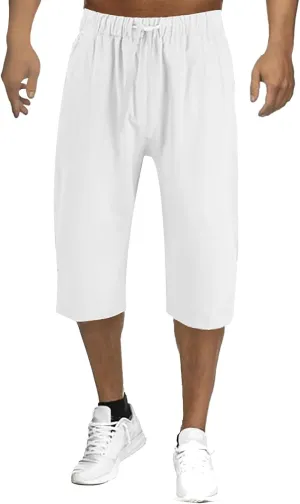 Mens Cotton Linen Pants, Elastic Drawstring Waist Lightweight Casual Beach Capri Short Pant Cropped Trousers with Pocket
