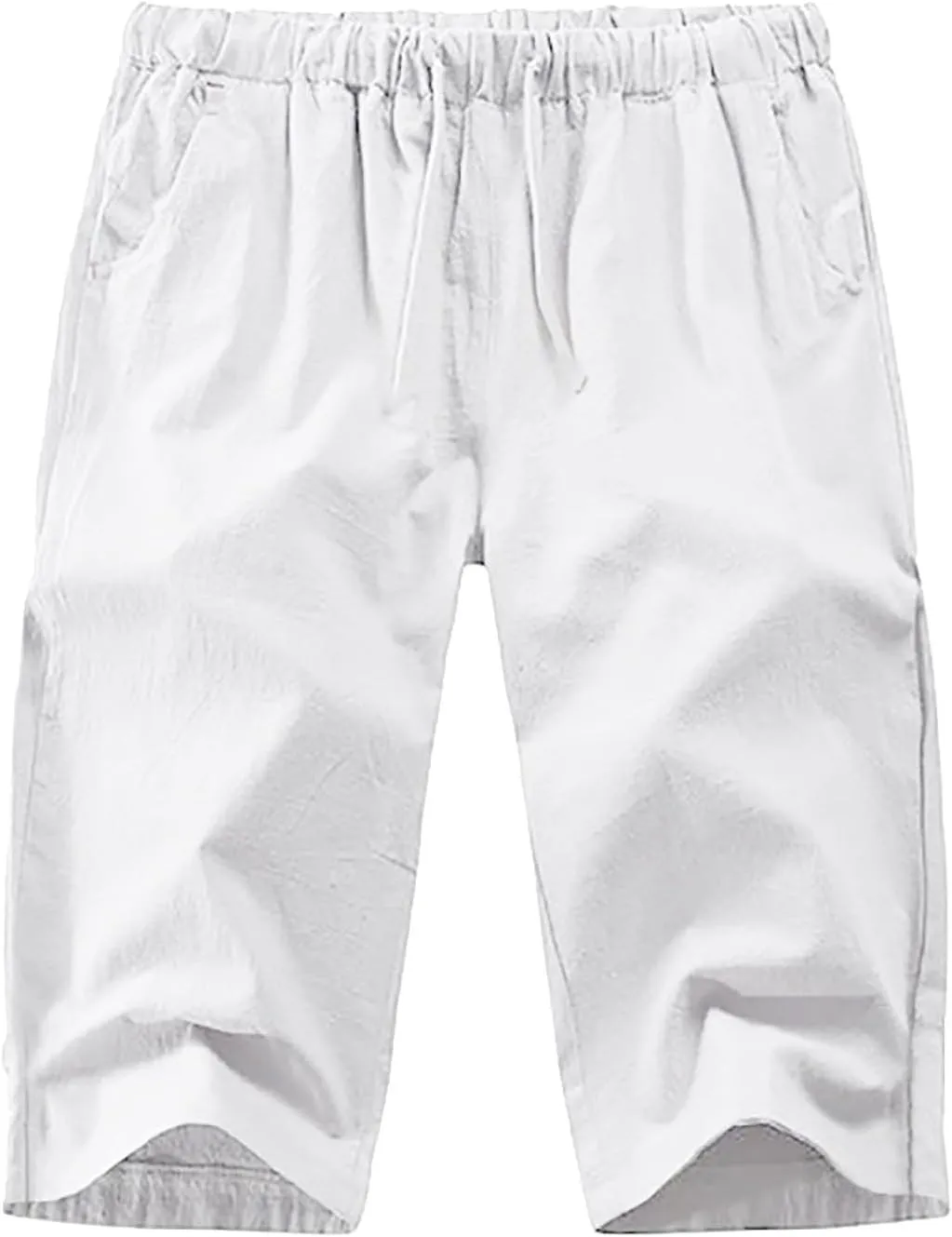 Mens Cotton Linen Pants, Elastic Drawstring Waist Lightweight Casual Beach Capri Short Pant Cropped Trousers with Pocket