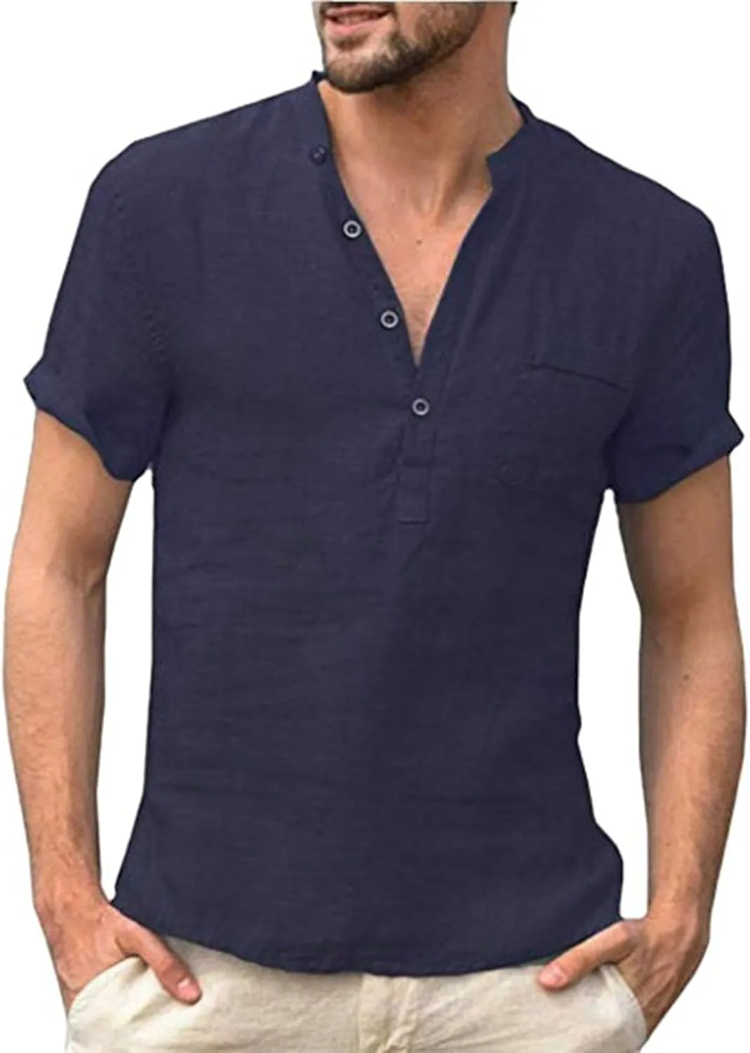 Mens Henley Linen Shirts Casual Lightweight Short Sleeve Button Up Summer Beach Yoga T Shirt Tops for Men