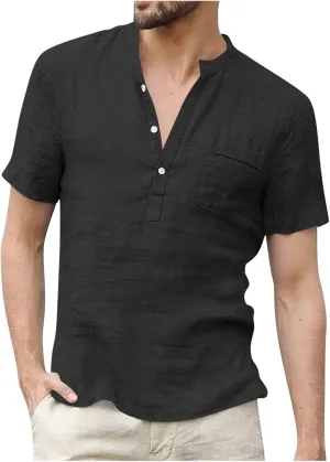 Mens Henley Linen Shirts Casual Lightweight Short Sleeve Button Up Summer Beach Yoga T Shirt Tops for Men