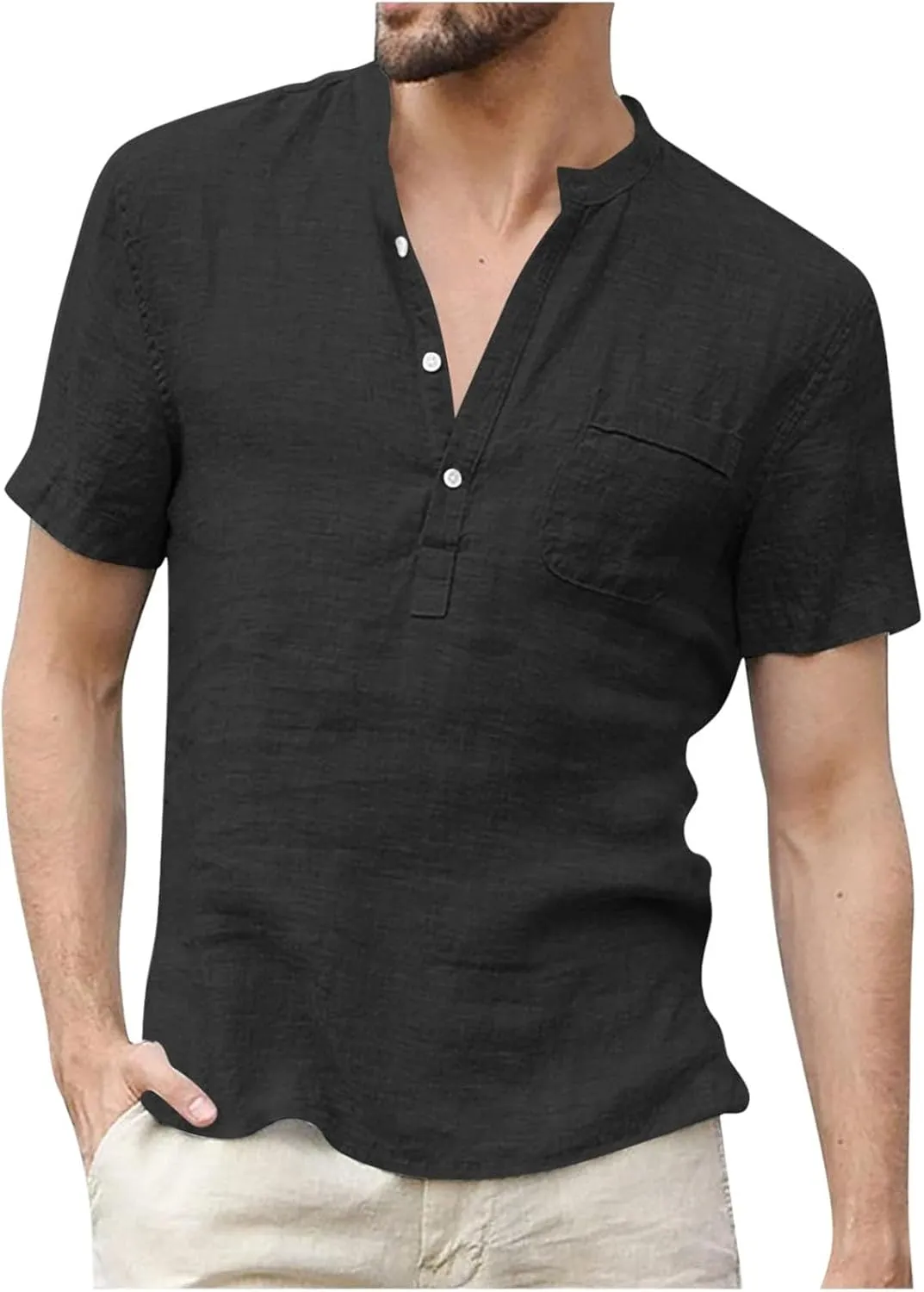 Mens Henley Linen Shirts Casual Lightweight Short Sleeve Button Up Summer Beach Yoga T Shirt Tops for Men