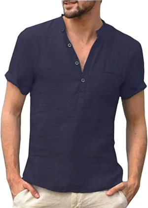 Mens Henley Linen Shirts Casual Lightweight Short Sleeve Button Up Summer Beach Yoga T Shirt Tops for Men