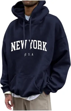 Men's Letter Graphic Print Hoodie Casual Long Sleeve Pullover Oversize New York Sweatshirt Pocket Drawstring Top
