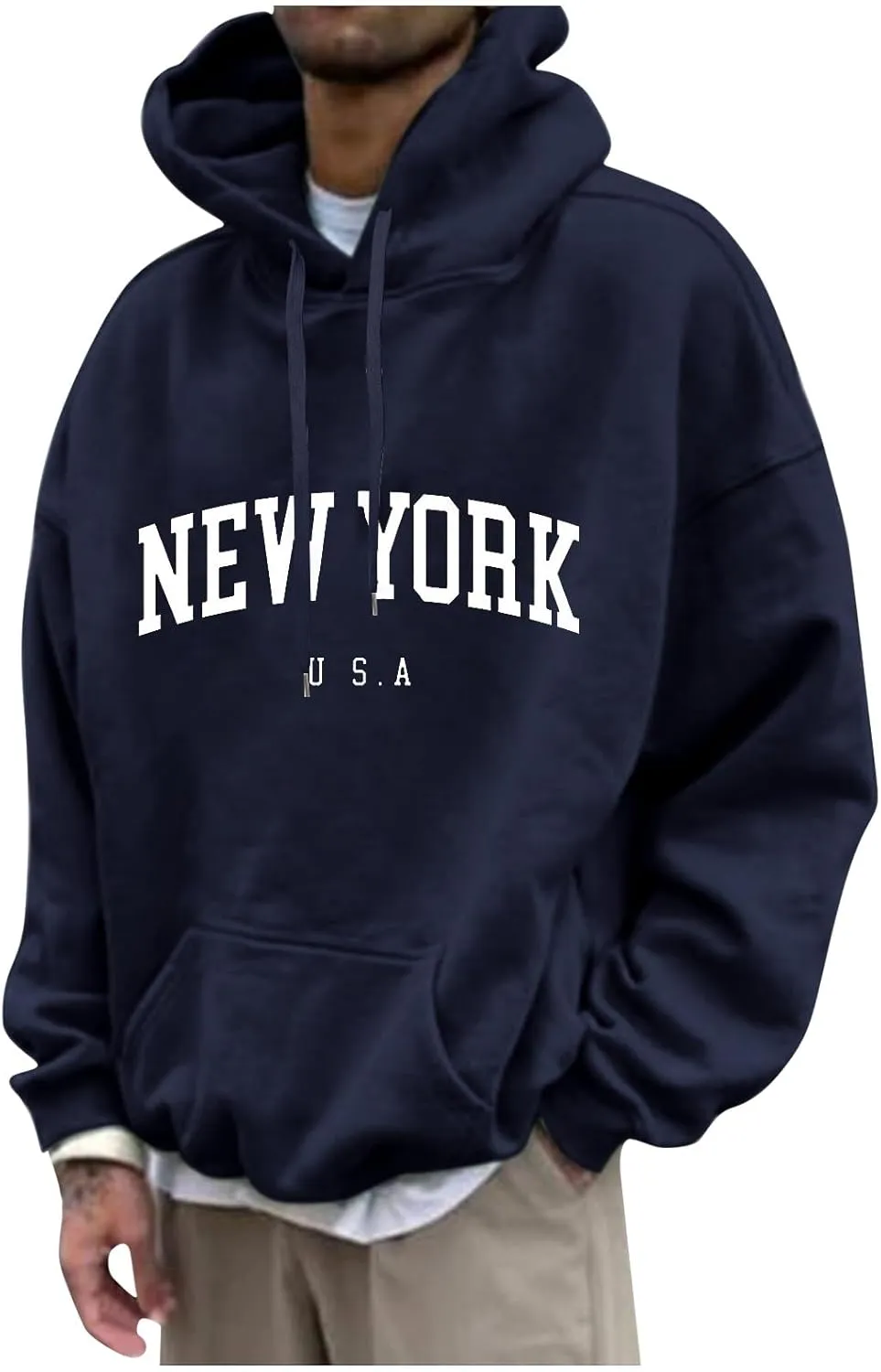Men's Letter Graphic Print Hoodie Casual Long Sleeve Pullover Oversize New York Sweatshirt Pocket Drawstring Top