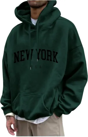 Men's Letter Graphic Print Hoodie Casual Long Sleeve Pullover Oversize New York Sweatshirt Pocket Drawstring Top