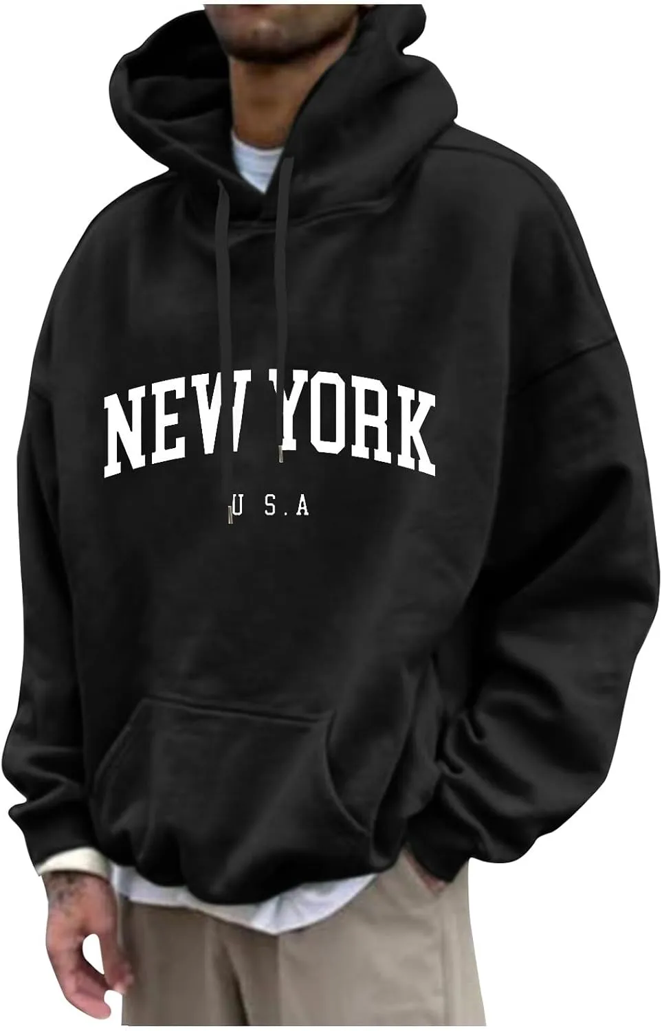 Men's Letter Graphic Print Hoodie Casual Long Sleeve Pullover Oversize New York Sweatshirt Pocket Drawstring Top