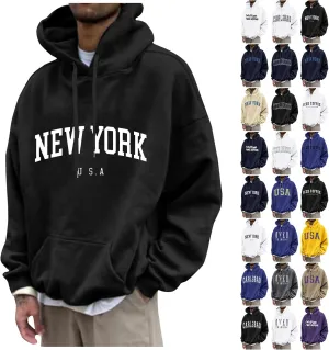 Men's Letter Graphic Print Hoodie Casual Long Sleeve Pullover Oversize New York Sweatshirt Pocket Drawstring Top
