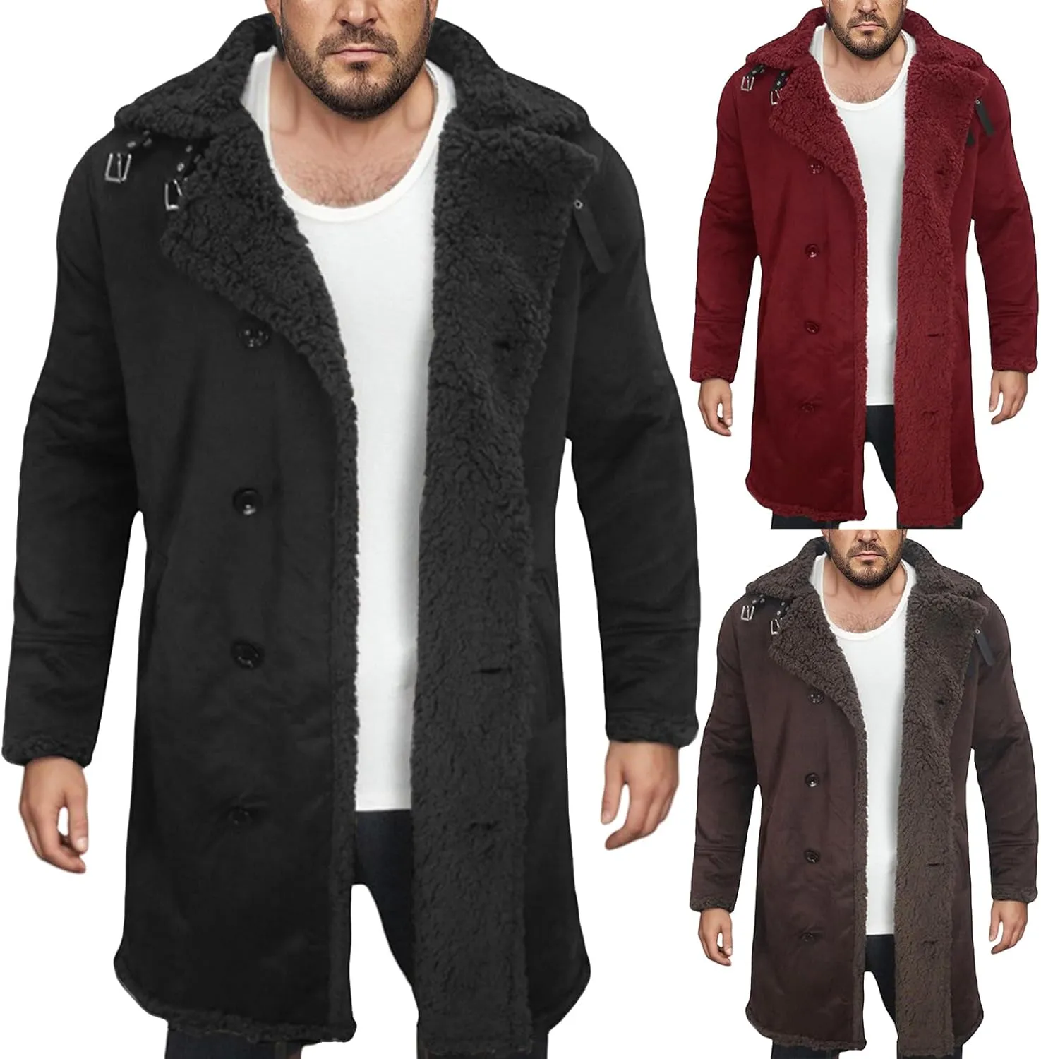 Men's Sherpa Lined Jacket Faux Suede Fur Collar Jacket Double breasted Pea Coat Windbreak Thermal Coat with Pockets