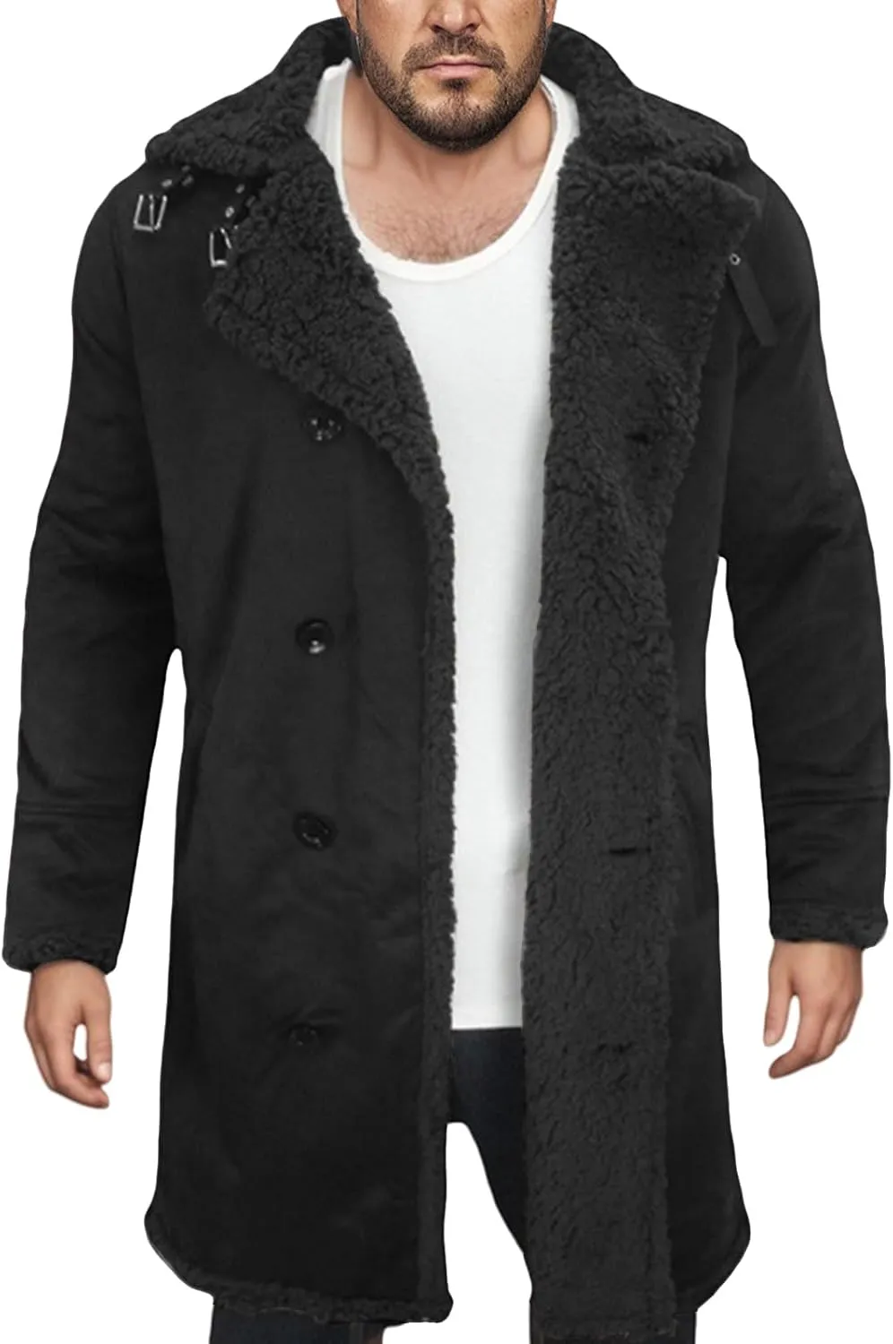 Men's Sherpa Lined Jacket Faux Suede Fur Collar Jacket Double breasted Pea Coat Windbreak Thermal Coat with Pockets