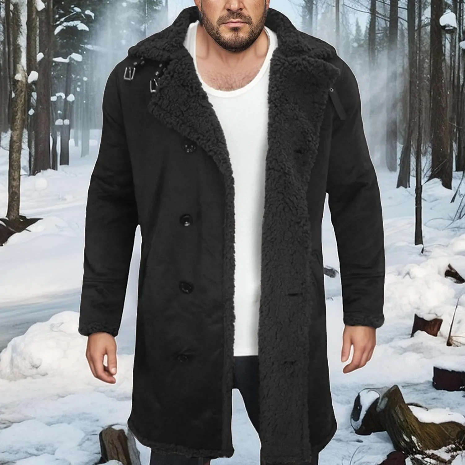 Men's Sherpa Lined Jacket Faux Suede Fur Collar Jacket Double breasted Pea Coat Windbreak Thermal Coat with Pockets