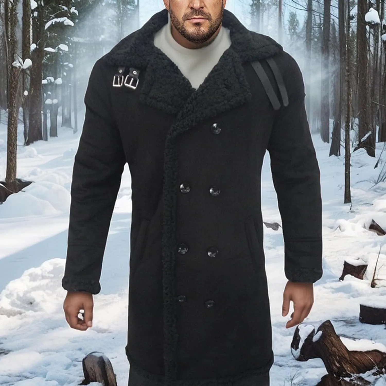 Men's Sherpa Lined Jacket Faux Suede Fur Collar Jacket Double breasted Pea Coat Windbreak Thermal Coat with Pockets